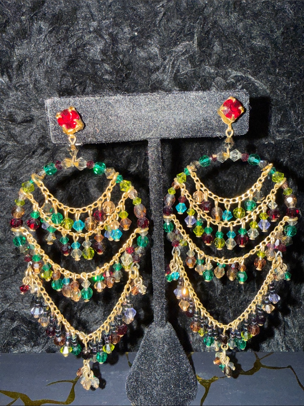 Gold-Tone Chandelier Earrings with Emerald and Garnet Beads